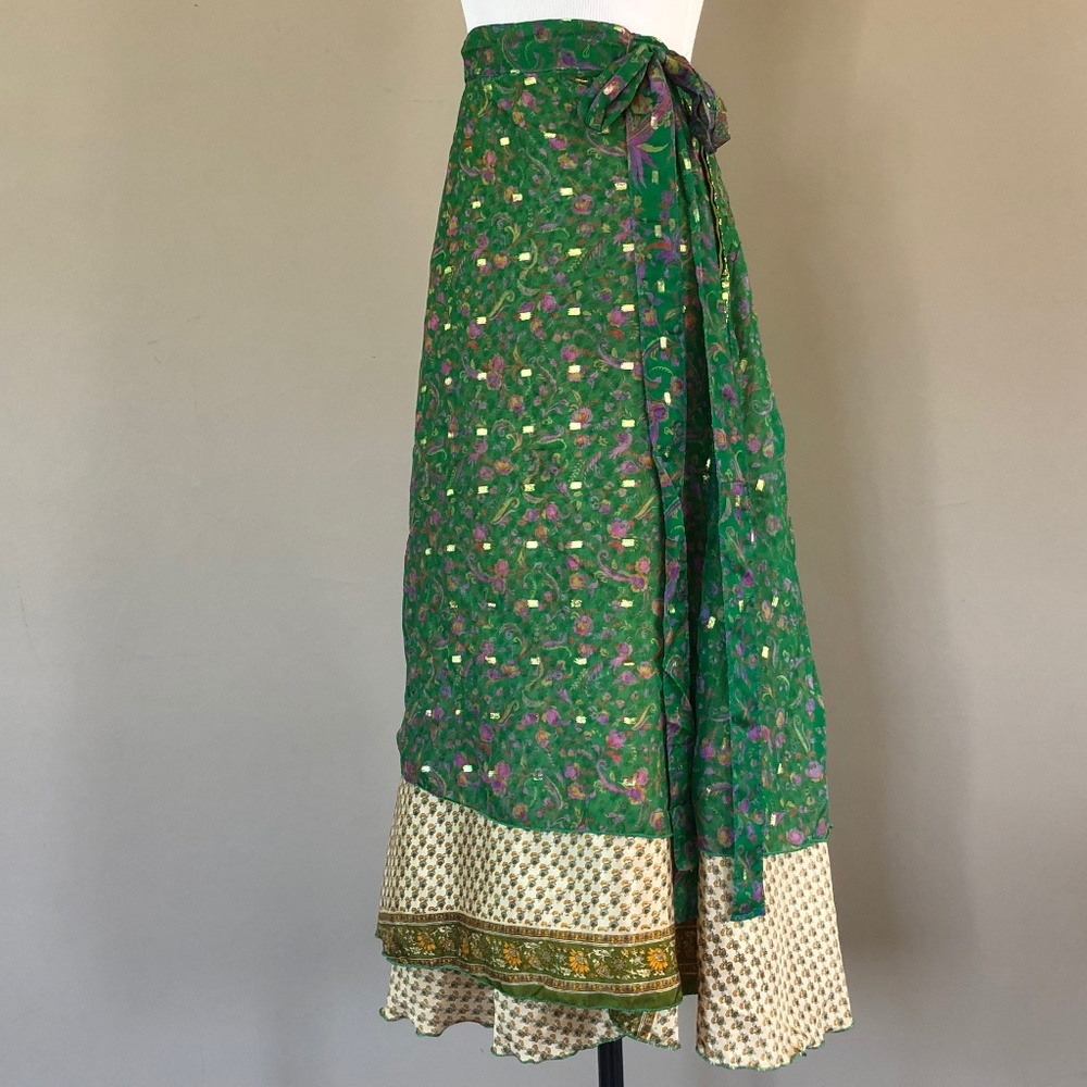SKIRT Green Silk Blend Wrap Skirt WEVEZ Large